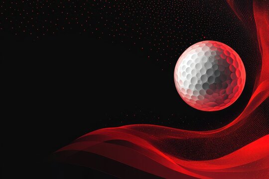 Golf ball on black backdrop with red ribbons and glitter effect. Use this for golf tournaments, events, or sport related designs.