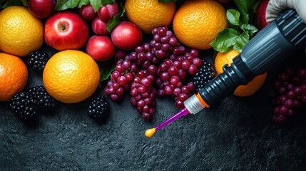 Fruit and nutrient injection.  A variety of fresh fruits are arranged on a dark surface.  A hand wearing a glove holds a syringe, ready to inject a nutrient solution into one of the fruits