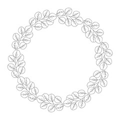 Floral wreath of branches eucalyptus, round leaves. Botanical frame, black contour, isolated on white. Sketch garland for wedding decoration and design projects. Vector illustration