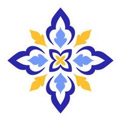 Mediterranean blue and yellow motif on white background. Traditional ethnic Portuguese, Moroccan, Spanish ornament, mosaic design. Vector illustration
