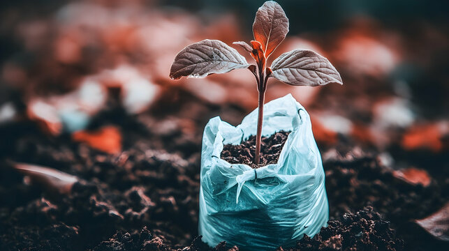 A young green plant emerging from a plastic bag in rich, dark soil surrounded by autumn leaves