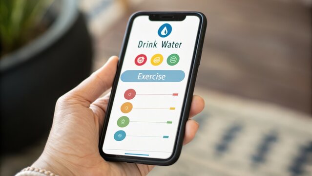 professional development training goal-setting Concept. Mobile app interface displaying hydration and exercise reminders on a smartphone.