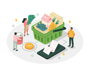 Character standing near shopping basket full with grocery food. Vegetables, fruits, berries, dairy and other groceries, goods. Healthy eating concept. Isometric vector illustration.
