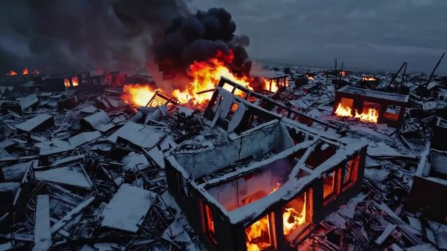 Desolate Warzone Scene with Flames and Smoke Amidst Ruins