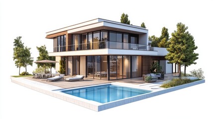 Fototapeta premium 3d rendering of modern house by the river house, luxury, villa, modern, architecture, building, exterior, residential, property, designer