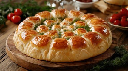 Golden, round pie with a dill garnish on a wooden board and tomato background. Perfect for showcasing food, recipes, or baking related content.