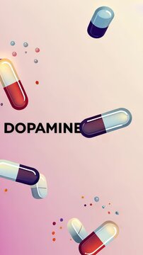 Colorful capsules and tablets falling with dopamine text highlighting medical theme