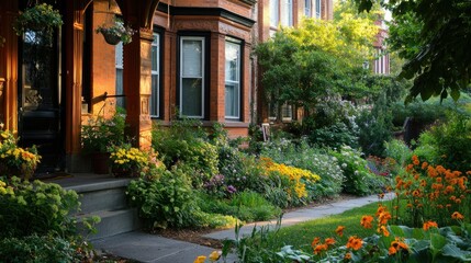 Obraz premium Vibrant neighborhood homes with lush gardens. Sunlight streams through foliage, illuminating colorful flowers and plants in meticulously landscaped front yards