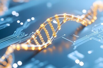 A glowing strand of DNA sits on a circuit board