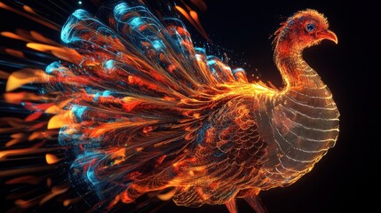 A stylized, digitally rendered turkey with vibrant, abstract plumage.  The bird's form is outlined with glowing particles, while its feathers appear as fiery, streaking bursts of color
