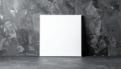 White square canvas mock-up standing, dark cement background. Blank poster. Natural lighting.