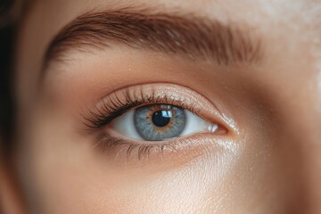 Obraz premium Close-up of young caucasian female eye with blue iris and natural makeup