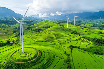Aerial view of lush green rice terraces with wind turbines in the background under a cloudy sky