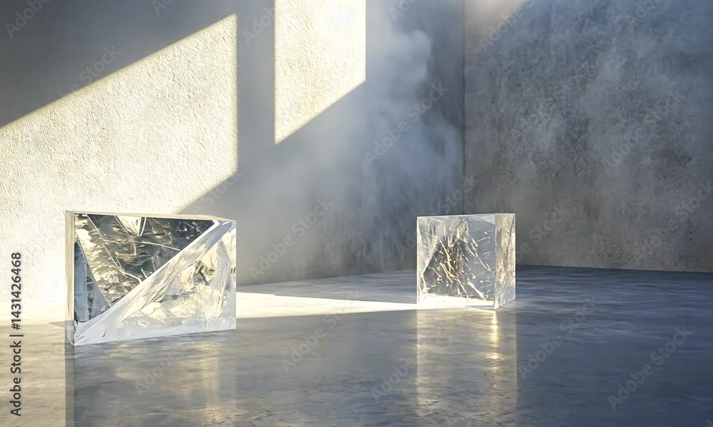 Aufkleber abstract scene featuring two transparent ice-like blocks illuminated by sunlight in a misty room
