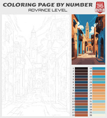 Color by Number Printable – Traditional Middle Eastern Alley with Minaret, Advanced Cultural Architecture Coloring Page