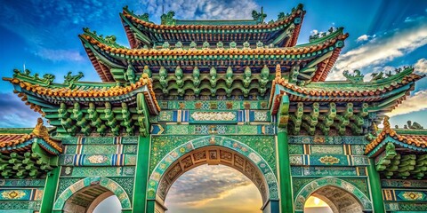 Obraz premium Ancient Chinese Archway, Turquoise & Green Glazed Tiles, Asian Architecture Stock Photo