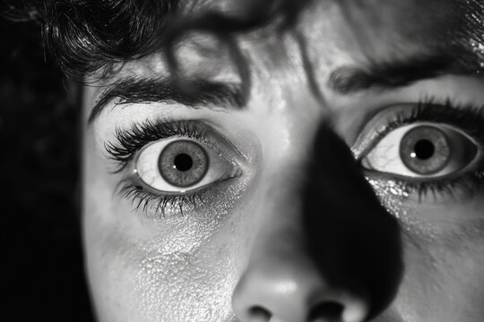 Close-up of expressive eyes showing fear in black and white