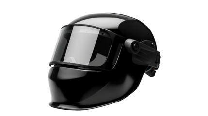 Isolated view of a reflective protective helmet with a clear visor isolated on transparent background	