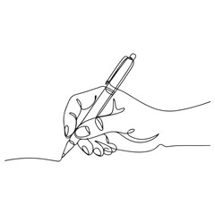Obraz premium Continuous one line drawing hand palm fingers gestures pen, pencil. Ballpoint in hand. Writing or drawing with ink pen. Vector Black silhouettes. with white background