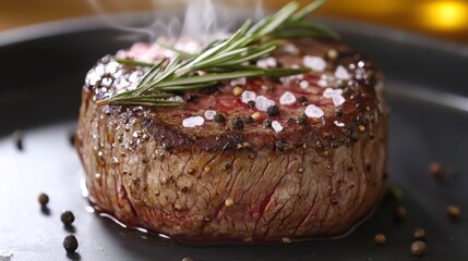 Sizzling filet mignon in cast iron skillet, crusted with Tellicherry peppercorns and fresh rosemary, aromatic steam rising dramatically