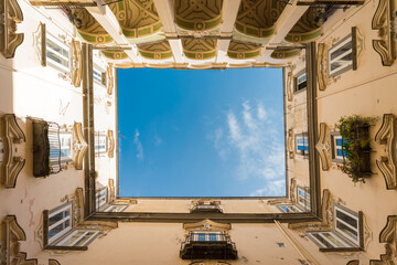 View from below of the courtyard of the baroque palace 