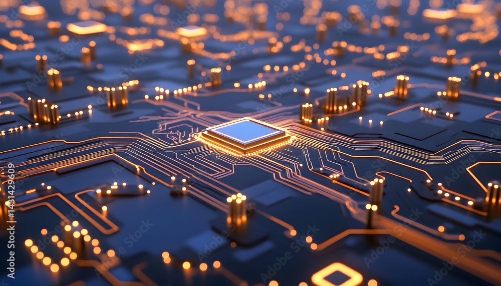 Poster close-up of a glowing computer chip on a circuit board