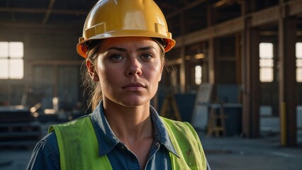 A determined construction worker woman in safety gear, exuding strength, resilience, and professionalism