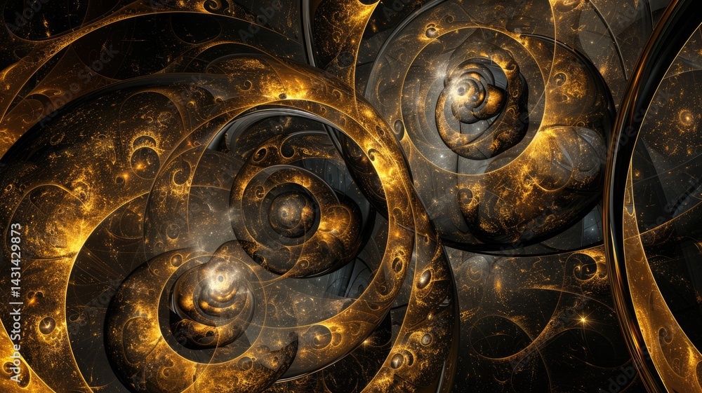 Poster abstract black and gold color light in circle shapes scatter around express colorful design. round f
