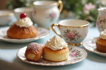Tranquil Afternoon Tea Moment Featuring Dainty Confections and Elegant Tableware