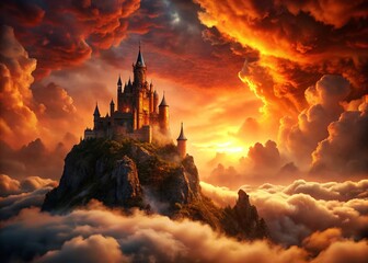 Obraz premium Apocalyptic Castle in Clouds: Fiery Otherworldly Fortress Stock Photo