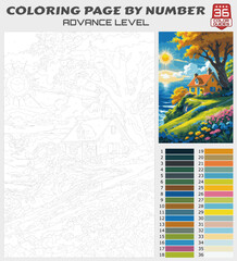Fototapeta premium Color by Number Printable – Sunny Hillside Cottage with Flowers, Advanced Whimsical Nature Coloring Page