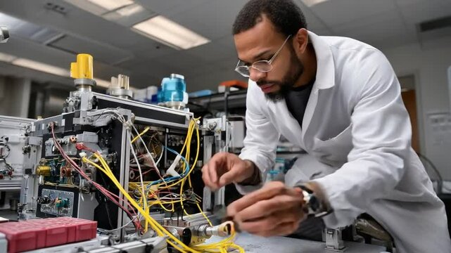Precision in Progress: A focused professional, clad in a lab coat, meticulously works on an intricate machine, embodying the essence of scientific innovation and technical expertise.