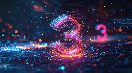 Fototapeta premium Digital Number Three. Abstract, glowing, 3D design