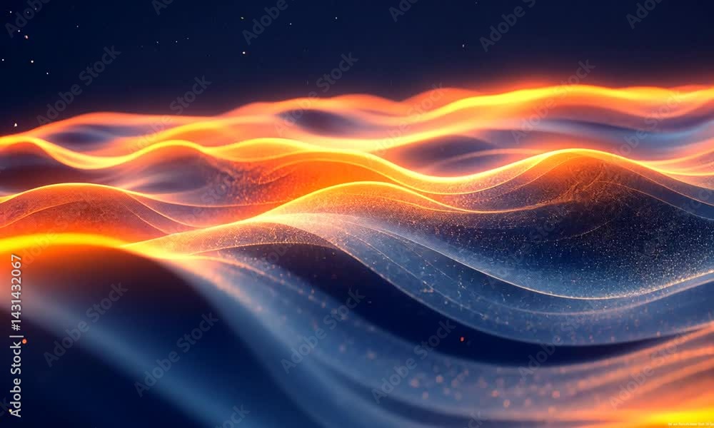 Poster abstract waves of orange and blue light undulating in a dark space, creating a serene atmosphere