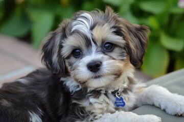 Adorable fluffy puppy with curly fur relaxing outdoors
