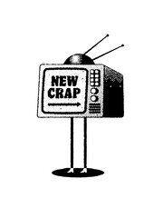 Vintage TV with satirical 'New Crap' broadcast illustration