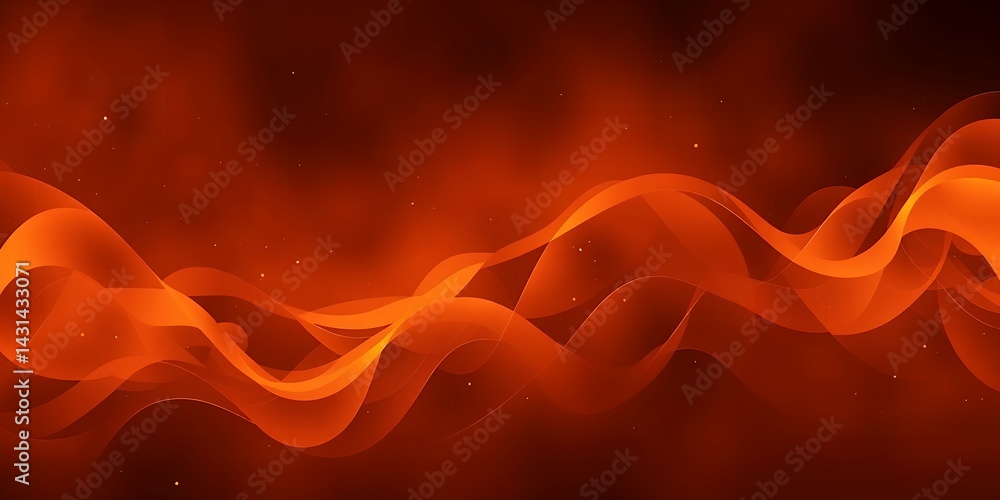 Poster abstract orange waves flowing across a dark background with small light particles scattered