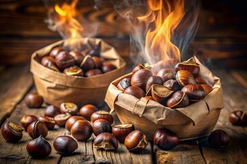 Aromatic Roasted Chestnuts in Paper Bags on Rustic Wooden Background - Autumnal Food Photography
