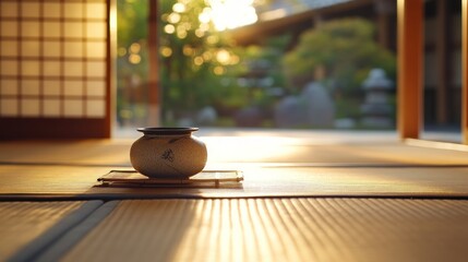 Serene Pottery Vessel in Sunlit Japanese Garden