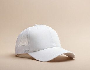 Empty white trucker cap hat mockup template isolated on a clean background, with a subtle shadow and beautiful fold, perfect for your branding design.