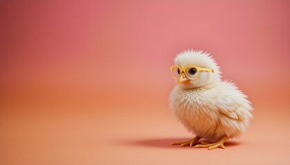 Charming White Chick with Stylish Glasses on Bold Pink Backdrop – Vibrant Easter & Spring Visual for Modern Campaigns