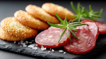 Sliced Chorizo with Sea Salt on Slate: Spanish Cuisine, Appetizer, Tapas, Close-Up Food Photography.