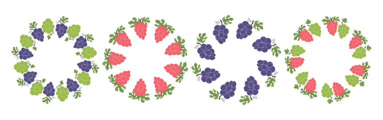 Circular fruit frame featuring a grape design with copy space. Hand drawn doodle border. Ideal for summer posters, banners, invitations, packaging, and branding.