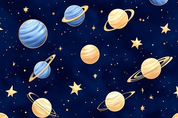 A seamless pattern featuring planets, stars, and rings on a dark blue galaxy background