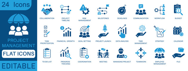 Project management icon set . Time management and planning concept. perfect flat icon set. © unique