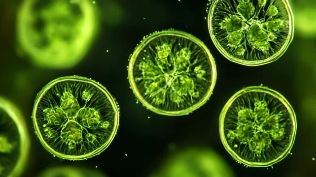 Microscopic view of green algal cells, representing phytoplankton or single-celled aquatic plants under a microscope, glowing vibrant green.