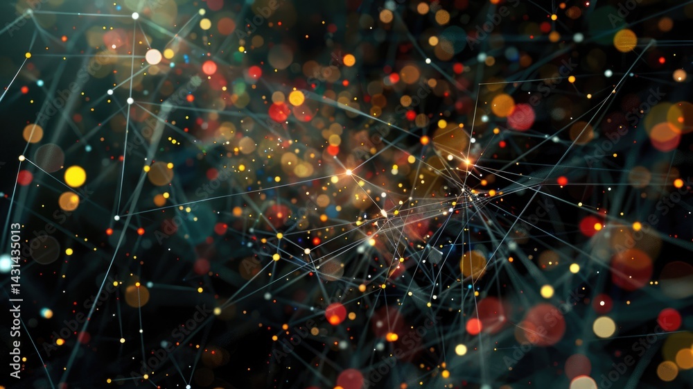 Poster abstract visualization of glowing dots and lines on a dark background. digital artwork of glowing vi