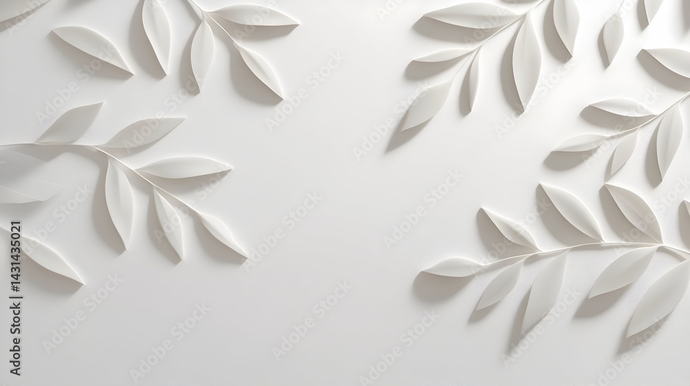 Poster white leaves arranged in a simple pattern on a white background with space for text