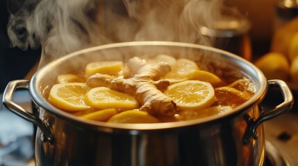 Steaming Ginger and Lemon Brew: A Warm, Golden Elixir