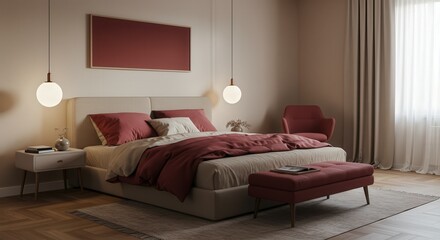 Cozy Bedroom Interior with Bed, Bench and Neutral Tones